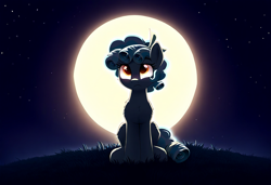 Size: 1216x832 | Tagged: prompter needed, safe, imported from derpibooru, cozy glow, pegasus, pony, ai content, ai generated, backlighting, female, front view, full body, full moon, generator:novelai, generator:stable diffusion, grass, moon, night, night sky, outdoors, silhouette, sitting, sky, solo