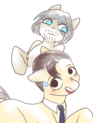 Size: 1500x2000 | Tagged: safe, artist:moshuijiumu, imported from derpibooru, earth pony, pony, blue eyes, brown hair, detroit: become human, duo, duo male, grey hair, male, necktie, open mouth, open smile, ponified, raised hoof, smiling, solo, teeth