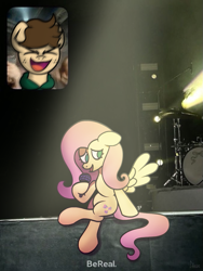 Size: 675x900 | Tagged: safe, artist:imlpidimon, imported from derpibooru, fluttershy, oc, oc:dimon, pegasus, pony, bereal., clothes, digital art, expressions, hoodie, light, meme, microphone, pegasus oc, scene, screaming fan meme, wings