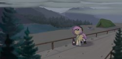 Size: 4817x2343 | Tagged: safe, artist:inkp0ne, imported from derpibooru, oc, oc:quickdraw, earth pony, pony, backpack, boots, campfire, camping, clothes, cloud, cloudy, coat markings, commissioner:dhs, cowboy hat, detailed background, forest, freckles, handkerchief, hat, hiking, lantern, mountain, nature, railing, river, sad, shoes, socks (coat markings), spurs, tent, trail, tree, water