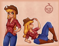 Size: 2290x1799 | Tagged: safe, artist:tmaldigo, imported from derpibooru, applejack, human, belly button, eyes closed, female, humanized, outline, smiling, solo, white outline