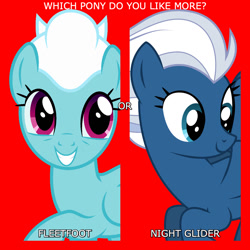 Size: 1080x1080 | Tagged: safe, artist:alicornoverlord, artist:sollace, edit, editor:jaredking779, imported from derpibooru, fleetfoot, night glider, pegasus, pony, duo, duo female, female, mare, question, red background, simple background