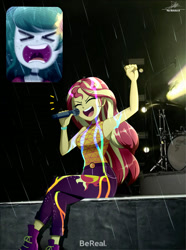 Size: 1280x1722 | Tagged: safe, artist:the-butch-x, imported from derpibooru, sunset shimmer, wallflower blush, human, equestria girls, equestria girls series, let it rain, spoiler:eqg series (season 2), bereal., drums, female, meme, microphone, musical instrument, my little pony equestria girls: better together, rain, singing, wet