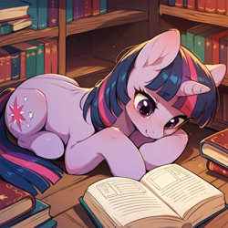 Size: 1024x1024 | Tagged: safe, imported from derpibooru, twilight sparkle, pony, unicorn, ai content, ai generated, book, cute, generator:pony diffusion v6 xl, generator:stable diffusion, library, lying down, prompter:doom9454, reading, unicorn twilight