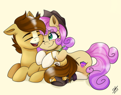 Size: 2048x1605 | Tagged: safe, artist:galaxy swirl, imported from derpibooru, oc, oc:quickdraw, oc:wishful thinking, boot, cowboy hat, cream snoot, cuddling, cute, freckles, handkerchief, happy, hat, hoof ring, hug, markings, smiling, spurs