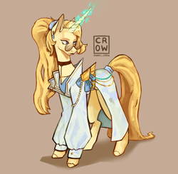 Size: 2784x2713 | Tagged: safe, artist:fungi_crow, imported from derpibooru, oc, oc:smoky citrine, unicorn, clothes, commissioner:dhs, ear piercing, earring, fancy, glasses, gold, hair tie, horn, jacket, jewelry, long hair, magic, magic aura, piercing, ponytail, tail tie