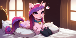 Size: 2400x1200 | Tagged: safe, imported from derpibooru, princess cadance, alicorn, ai content, ai generated, bed, prompter:greesys, question mark, solo