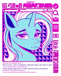 Size: 2400x3000 | Tagged: safe, artist:poxy_boxy, imported from derpibooru, trixie, pony, unicorn, bust, female, frown, horn, lidded eyes, limited palette, looking at you, mare, solo, text