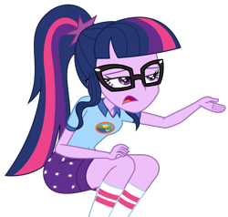 Size: 2116x2013 | Tagged: safe, artist:sketchmcreations, imported from derpibooru, sci-twi, twilight sparkle, human, equestria girls, camp everfree outfits, clothes, female, lidded eyes, my little pony equestria girls: legend of everfree, open mouth, raised arm, shirt, shorts, simple background, sitting, socks, transparent background, vector