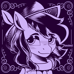 Size: 2400x2400 | Tagged: safe, artist:poxy_boxy, imported from derpibooru, oc, oc only, earth pony, pony, bust, commission, eye clipping through hair, eyebrows, eyebrows visible through hair, eyeshadow, hat, high res, lidded eyes, makeup, monochrome, purple background, purplescale, simple background, smiling, solo