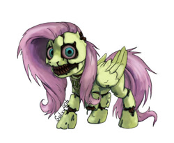 Size: 462x381 | Tagged: safe, artist:solixy406, imported from derpibooru, fluttershy, pegasus, pony, robot, robot pony, animatronic, bib, broken, chica, crossover, cyan eyes, female, five nights at freddy's, five nights at freddy's 4, horror, looking at you, mare, messy mane, messy tail, missing ear, missing limb, nightmarified, pink mane, roboticization, scar, scary, sharp teeth, signature, simple background, spooky, tail, teeth, video game, video game crossover, white background, wings, withered, yellow coat