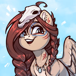 Size: 3000x3000 | Tagged: safe, artist:amishy, imported from derpibooru, oc, oc:ondrea, pegasus, pony, bust, emanata, face paint, female, jewelry, looking at you, mare, necklace, open mouth, open smile, skull, smiling, smiling at you, solo