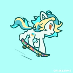 Size: 1000x1000 | Tagged: safe, artist:laymy, imported from derpibooru, oc, oc only, earth pony, pony, chibi, looking back, raised hoof, raised leg, simple background, skateboard, solo, standing on two hooves, teal background