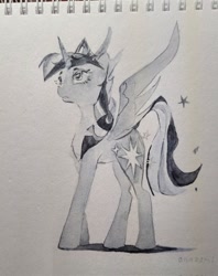 Size: 1619x2048 | Tagged: safe, artist:laymy, imported from derpibooru, twilight sparkle, alicorn, pony, crown, female, grayscale, jewelry, looking up, mare, monochrome, regalia, solo, spread wings, traditional art, twilight sparkle (alicorn), wings