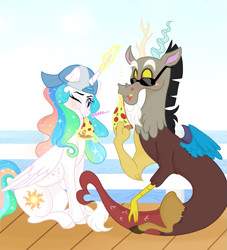 Size: 909x1000 | Tagged: safe, artist:celestiacord, imported from derpibooru, discord, princess celestia, blushing, dislestia, female, food, glowing, glowing horn, heart shaped, horn, laughing, male, pizza, shipping, sitting, straight, sunglasses