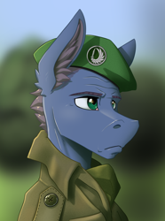 Size: 2000x2692 | Tagged: safe, artist:twotail813, imported from derpibooru, oc, oc only, oc:raw deal, pony, equestria at war mod, beret, bust, clothes, ear fluff, hat, military uniform, portrait, solo, uniform