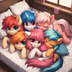 Size: 1536x1536 | Tagged: safe, imported from derpibooru, earth pony, pony, unicorn, ai content, ai generated, bed, colt, cuddle puddle, cuddling, cute, daaaaaaaaaaaw, ear fluff, eyebrows, eyebrows visible through hair, eyes closed, female, filly, foal, generator:bluefox mix, generator:stable diffusion, group, horn, indoors, looking at you, lying down, lying on bed, male, on bed, overhead view, pillow, pony pile, prompter:tyto4tme4l, sextet, smiling, smiling at you, window, wood