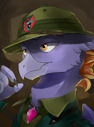 Size: 1560x2100 | Tagged: safe, artist:egil, imported from derpibooru, oc, oc only, oc:flatus rushbeak, hippogriff, equestria at war mod, bust, clothes, hat, jewelry, necklace, portrait, seashell, solo