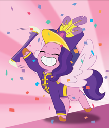 Size: 1530x1801 | Tagged: safe, artist:prixy05, imported from derpibooru, pipp petals, pegasus, pony, adorapipp, baton, clothes, confetti, cute, eyes closed, female, g5, hat, marching band uniform, mare, my little pony: tell your tale, pink background, simple background, solo, solo female, spread wings, uniform, wings