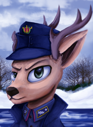 Size: 2516x3425 | Tagged: safe, artist:ryanmandraws, imported from derpibooru, oc, oc only, oc:lauri virta, deer, equestria at war mod, antlers, bust, cap, clothes, hat, military uniform, ocean, portrait, snow, solo, tree, uniform, water