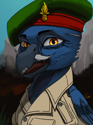 Size: 3120x4200 | Tagged: safe, artist:neither, imported from derpibooru, oc, oc only, oc:charles-daniel de mareon, griffon, equestria at war mod, beak, beret, bust, clothes, facial hair, hat, moustache, open beak, open mouth, portrait, solo