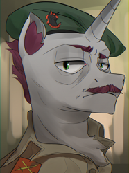 Size: 1560x2100 | Tagged: safe, artist:egil, imported from derpibooru, oc, oc only, oc:jungle work, pony, unicorn, equestria at war mod, beret, bust, clothes, facial hair, hat, horn, moustache, portrait, solo