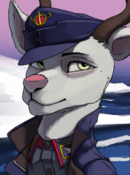 Size: 3120x4200 | Tagged: safe, artist:neither, imported from derpibooru, oc, oc only, oc:fredrik haataja, deer, equestria at war mod, antlers, bust, cap, clothes, hat, military uniform, portrait, snow, solo, uniform, water