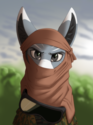 Size: 2000x2692 | Tagged: safe, artist:twotail813, imported from derpibooru, oc, oc only, zebra, equestria at war mod, bust, clothes, command and conquer, command and conquer: generals, dr. thrax, ear fluff, portrait, solo, visor