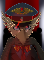 Size: 2000x2692 | Tagged: safe, artist:twotail813, imported from derpibooru, oc, oc only, oc:grover vi, griffon, equestria at war mod, bust, cap, clothes, communism, gendo pose, glasses, hat, necktie, portrait, red star, solo