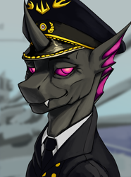 Size: 3120x4200 | Tagged: safe, artist:neither, imported from derpibooru, oc, oc only, oc:lysander, changeling, equestria at war mod, admiral, bust, cap, clothes, fangs, hat, male, military uniform, necktie, portrait, ship, solo, uniform