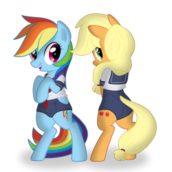 Size: 2500x2500 | Tagged: safe, artist:dolphinfox, artist:tex edits, imported from derpibooru, applejack, rainbow dash, pegasus, pony, .svg available, absurd resolution, bipedal, butt, clothes, female, mare, one-piece swimsuit, plot, school swimsuit, school uniform, simple background, swimsuit, transparent background, vector
