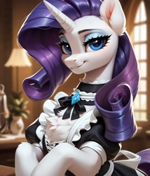 Size: 3104x3624 | Tagged: safe, imported from derpibooru, rarity, pony, unicorn, ai content, ai generated, chest fluff, clothes, generator:pony diffusion v6 xl, generator:stable diffusion, high res, horn, indoors, looking at you, maid, night, prompter:midnight dashie, solo