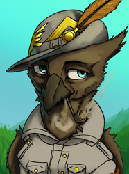 Size: 3120x4200 | Tagged: safe, artist:neither, imported from derpibooru, oc, oc only, oc:gaolo caccia gominioni, griffon, equestria at war mod, bust, clothes, feather, griffonized, hat, military uniform, paolo caccia dominioni, pipe, portrait, smoke, solo, species swap, uniform