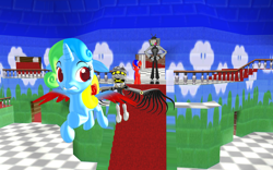 Size: 1920x1200 | Tagged: safe, artist:puzzlshield2, imported from derpibooru, oc, oc:kori johnson, oc:puzzle shield, alicorn, earth pony, pony, 3d, alicorn oc, chase, colored wings, crossover, flying, heartwarming, horn, mmd, mr. puzzles (smg4), murder drones, panic attack, render, smg4, story included, super mario 64, super mario bros., wings