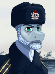 Size: 2000x2692 | Tagged: safe, artist:twotail813, imported from derpibooru, oc, oc only, oc:grey gorshkov, earth pony, pony, equestria at war mod, admiral, beard, bust, clothes, facial hair, hat, military uniform, moustache, ocean, portrait, solo, uniform, water