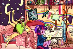 Size: 2048x1369 | Tagged: safe, artist:laps-sp, imported from derpibooru, fluttershy, twilight sparkle, pegasus, pony, unicorn, 3ds, antonymph, beanie, bedroom, clothes, coat rack, companion cube, computer, dexterous hooves, duo, duo female, female, fluttgirshy, gir, hat, hatsune miku, hoodie, hoof hold, invader zim, laptop computer, lesbian, lesbian pride flag, lying down, mare, minecraft, on back, ponified, portal (valve), poster, pride, pride flag, rainbow, shipping, sitting, spread wings, sword, twishy, unicorn twilight, vocaloid, vylet pony, weapon, wings