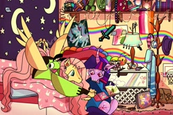 Size: 2048x1369 | Tagged: safe, artist:laps-sp, imported from derpibooru, fluttershy, twilight sparkle, pegasus, pony, unicorn, 3ds, antonymph, beanie, bedroom, clothes, coat rack, companion cube, computer, dexterous hooves, duo, duo female, female, fluttgirshy, gir, hat, hatsune miku, hoodie, hoof hold, invader zim, laptop computer, lesbian, lesbian pride flag, lying down, mare, minecraft, ponified, portal (valve), poster, pride, pride flag, prone, rainbow, shipping, sitting, spread wings, sword, twishy, unicorn twilight, vocaloid, vylet pony, weapon, wings