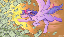 Size: 3500x2000 | Tagged: safe, artist:z0ri0n, imported from derpibooru, oc, oc only, pegasus, pony, dollar, flying, money, purple, running, solo, wings