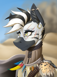 Size: 2000x2692 | Tagged: safe, artist:twotail813, imported from derpibooru, oc, oc only, oc:shaka khan, zebra, equestria at war mod, bust, clothes, ear fluff, ear piercing, earring, feather, horn, jewelry, paws, piercing, portrait, scar, solo, tooth