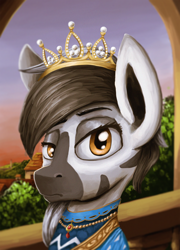 Size: 2016x2800 | Tagged: safe, artist:ryanmandraws, imported from derpibooru, oc, oc only, oc:ceyda vatosoa, zebra, equestria at war mod, bust, clothes, crown, jewelry, necklace, portrait, regalia, solo