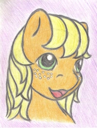Size: 978x1290 | Tagged: safe, artist:jancy15, imported from derpibooru, applejack, earth pony, pony, bust, female, mare, open mouth, open smile, portrait, smiling, solo, traditional art