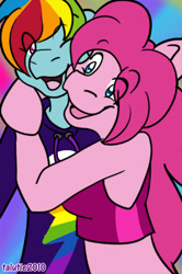 Size: 550x827 | Tagged: safe, artist:talutie, imported from derpibooru, pinkie pie, rainbow dash, anthro, arm hooves, duo, eye clipping through hair, female, hug, lesbian, open mouth, pinkiedash, shipping, smiling