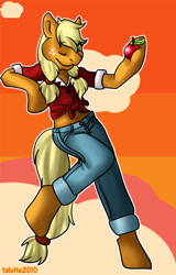 Size: 650x1016 | Tagged: safe, artist:tarutie, imported from derpibooru, applejack, anthro, earth pony, unguligrade anthro, apple, arm hooves, female, food, front knot midriff, holding, looking at you, midriff, one eye closed, solo, wink