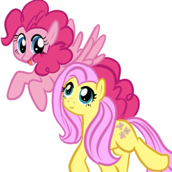 Size: 500x500 | Tagged: safe, artist:vece, imported from derpibooru, fluttershy, pinkie pie, earth pony, pegasus, pony, duo, earth pony fluttershy, female, flying, mare, pegasus pinkie pie, race swap, simple background, smiling, white background