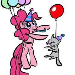 Size: 500x500 | Tagged: safe, artist:vece, imported from derpibooru, pinkie pie, cat, earth pony, pony, balloon, female, floating, hat, mare, party cat, party hat, party horn, simple background, solo, then watch her balloons lift her up to the sky, white background