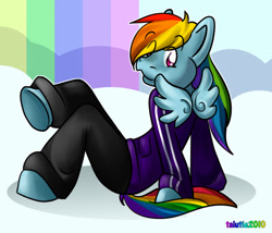 Size: 900x769 | Tagged: safe, imported from derpibooru, rainbow dash, anthro, pegasus, unguligrade anthro, cloud, eye clipping through hair, female, looking back, sitting, smiling, solo