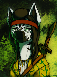 Size: 3120x4200 | Tagged: safe, artist:neither, imported from derpibooru, oc, oc only, oc:dimasupil, zebra, equestria at war mod, bust, clothes, headband, portrait, solo, sword, weapon