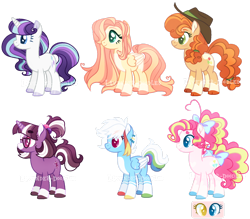 Size: 1600x1400 | Tagged: safe, artist:lavender-doodles, imported from derpibooru, applejack, fluttershy, pinkie pie, rainbow dash, rarity, twilight sparkle, earth pony, pegasus, unicorn, 2d, alternate color palette, alternate design, alternate eye color, alternate hairstyle, alternate mane color, alternate tail color, alternate tailstyle, applejack's hat, bangs, bow, cowboy hat, curly hair, cutie mark, female, glasses, hair bow, hair bun, hat, horn, mane six, mane six redesign, profile, redesign, signature, simple background, standing, tail, transparent background, wings
