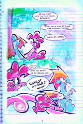 Size: 1500x2250 | Tagged: safe, artist:yl0w, imported from derpibooru, part of a set, pinkie pie, rainbow dash, earth pony, pegasus, pony, comic:rainbow override, fanfic:rainbow factory, 2 panel comic, :3, ><, blue coat, cartoon physics, cloud, colored, comic, curly mane, curly tail, day, dialogue, duo, duo female, eye clipping through hair, eyebrows, eyebrows visible through hair, eyelashes, eyes closed, fanfic art, female, floppy ears, glomp, grass, grin, lidded eyes, lined paper, looking at each other, looking at someone, looking back, mare, multicolored hair, multicolored mane, nervous, nervous grin, one eye closed, open mouth, open smile, outdoors, part of a series, pink coat, pink mane, pink tail, pinkie being pinkie, pinkie physics, ponyville town hall, rainbow hair, sitting, sky, smiling, smiling at each other, sparkly eyes, speech bubble, sweat, sweatdrop, tail, talking, text, tongue out, tree, wavy mouth, wingding eyes