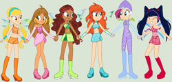 Size: 1845x885 | Tagged: safe, artist:bender1567, artist:machakar52, imported from derpibooru, fairy, equestria girls, aisha, base used, bloom (winx club), blue wings, bodysuit, boots, clothes, crossover, dress, equestria girls style, equestria girls-ified, eyes closed, fairy wings, flora (winx club), green wings, headphones, high heel boots, high heels, holding hands, layla, magic winx, musa, pigtails, pink dress, red dress, shoes, smiling, stella (winx club), strapless, tecna, wings, winx club